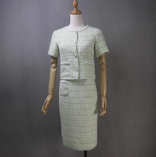 Elegant Summer Fashion for Formal Events: Why the Bespoke Short Sleeves Tweed Jacket + Long Skirt Suit Is a Must-Have