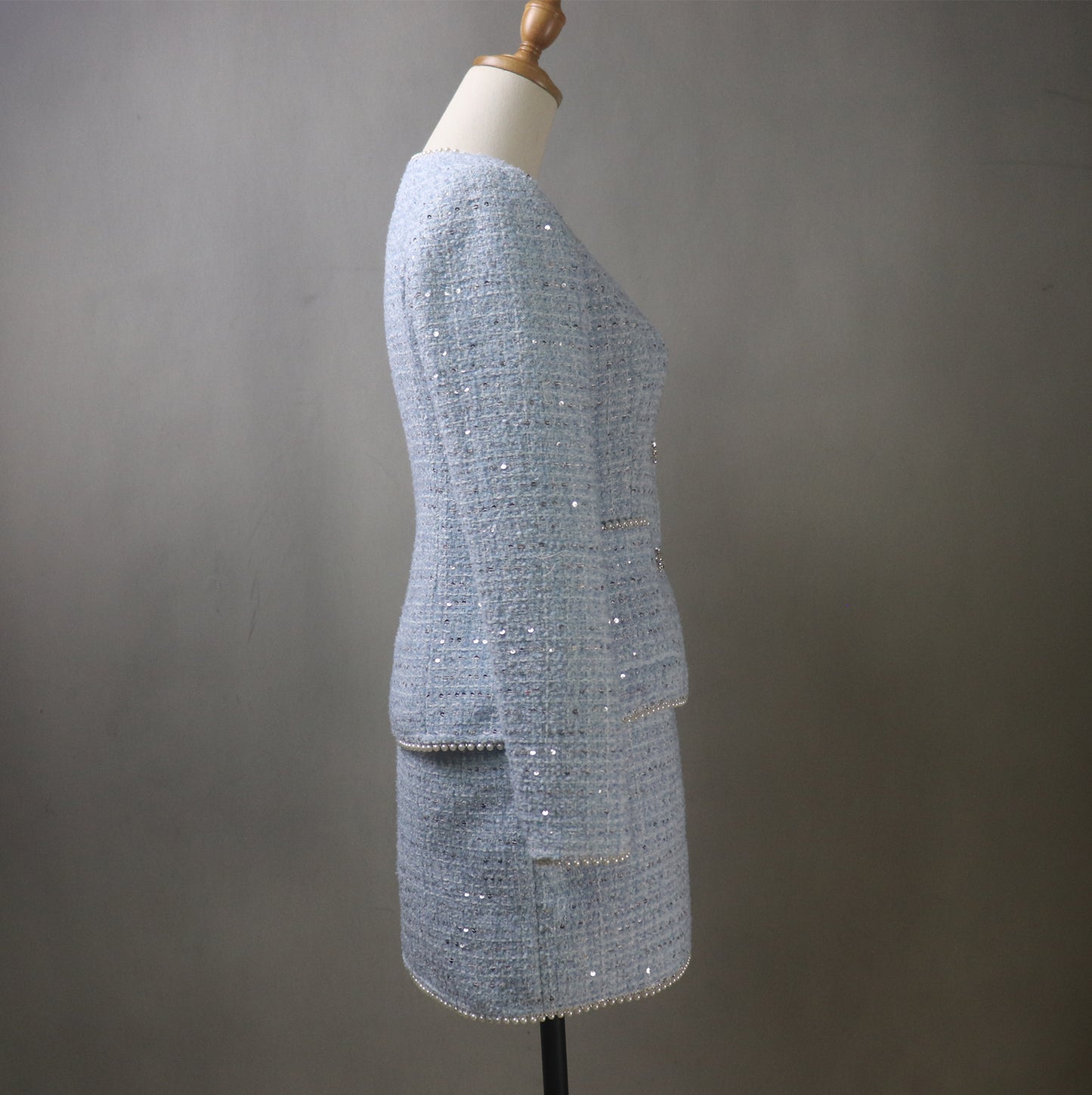 Bespoke Blue Tweed Skirt Suit With Pearls & Sequins