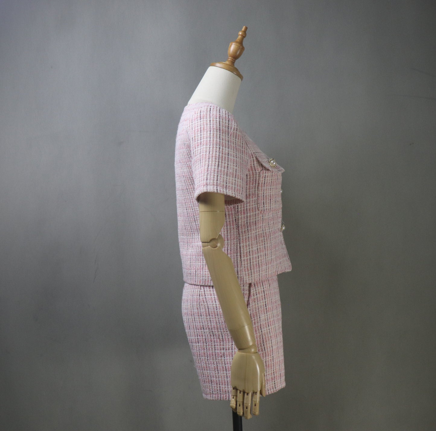 Summer Custom Made Pink Tweed Suit | Short Sleeves Jacket + Shorts Suit