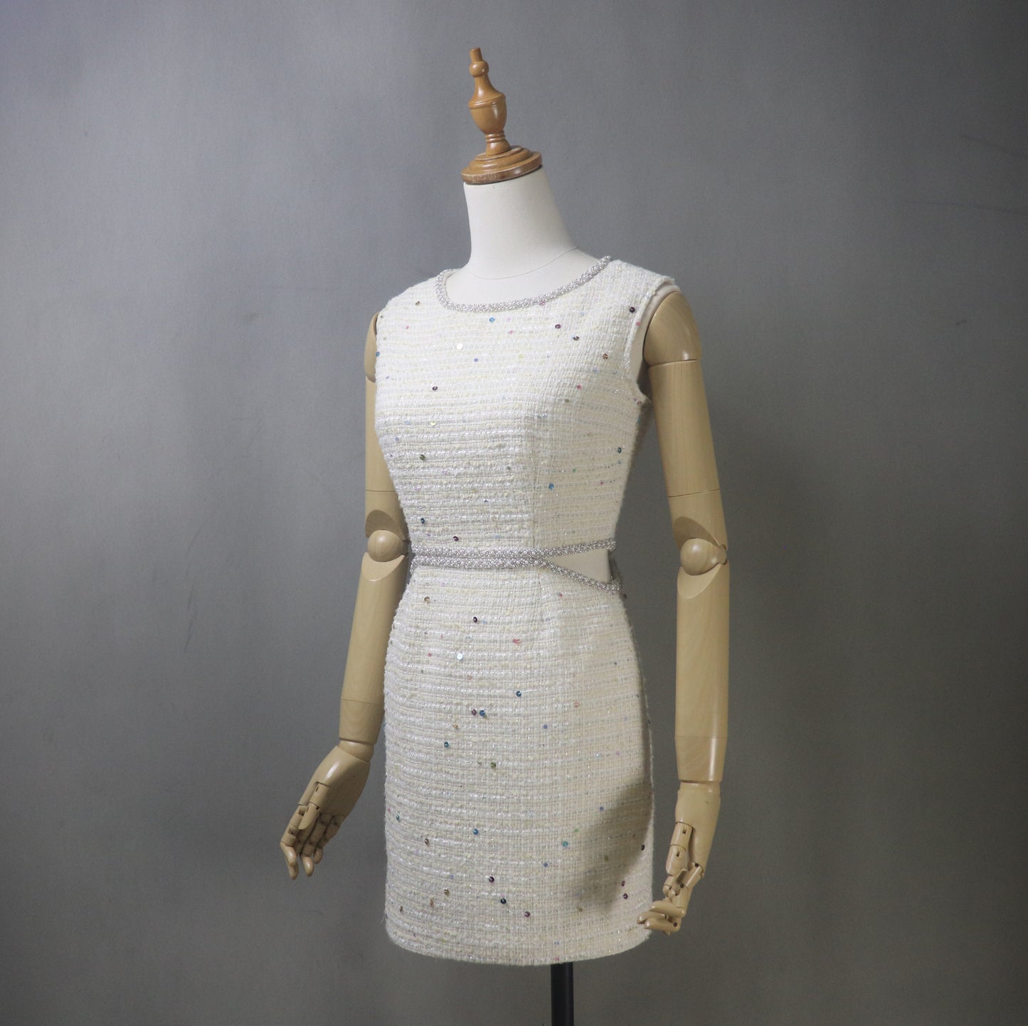 Step into elegance with this custom-made light beige dress, featuring a stunning pearl-trimmed neckline, multi-color sequin embellishments, and a chic cut-out waist. Designed for weddings, formal events, and parties, this dress offers a luxurious, tailored fit in both petite and plus sizes. Choose from mini, midi, or maxi skirt lengths to match your personal style!