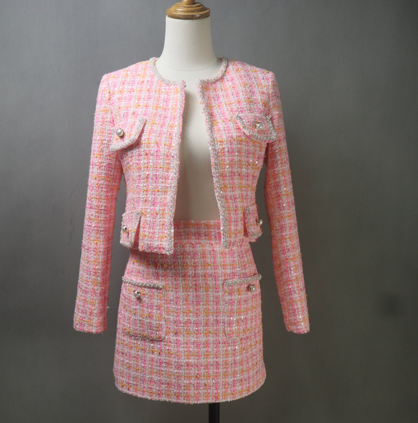 Pink Tweed Suit with Checked Pattern and Sequins