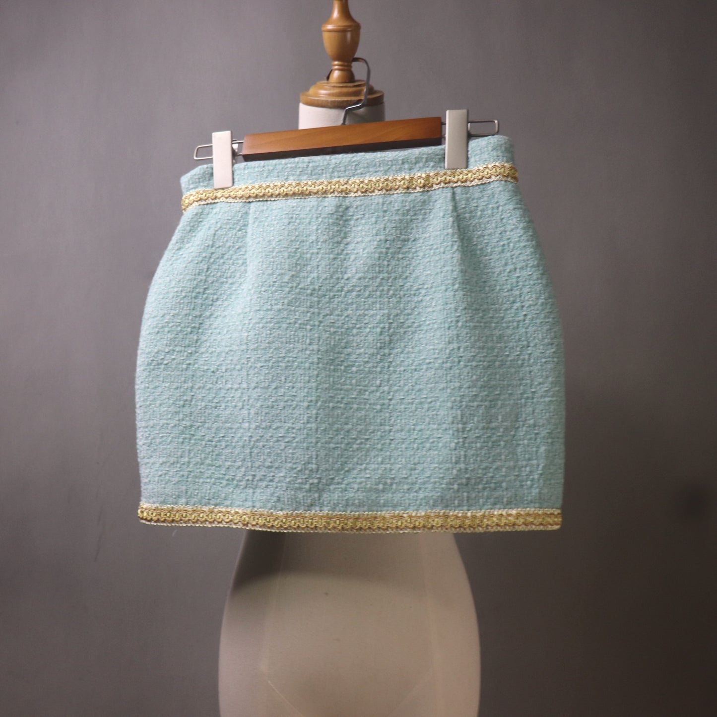 Custom Teal Tweed Fitted Blazer Skirt Set: Gold Trim, Plus Sizes, Any Length