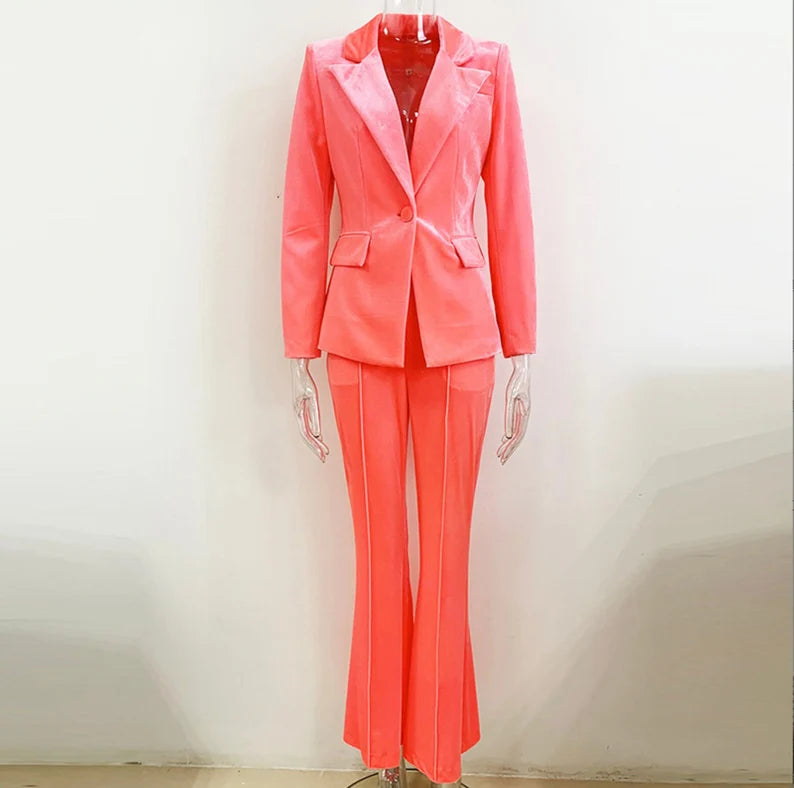 Women and Teens Orange Pink Blazer + Mid-High Rise Flare Trousers Pants Suit, Graduation, Speech Day, Birthday Party, This women's velvet suit is the epitome of sophistication and style, featuring a blazer and mid-high rise flare trousers in a captivating color combination of brown, green, and purple. The luxurious velvet fabric exudes elegance, making it a perfect choice for special occasions like weddings, graduations, speech days, and birthday parties.