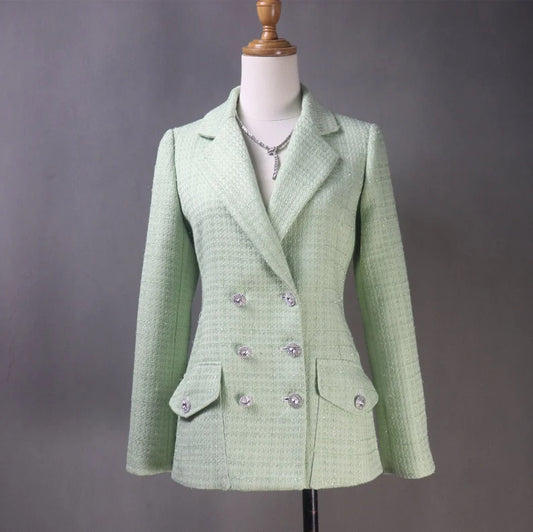 Tailor Stitch Mid-length light green fitted jacket made to order for women, complete with a dress, shorts, or skirt. For formal/office occasions like business meetings, graduations, weddings, evening dinners, and so forth, this light green tweed suit is always in style. Crop jacket designs make them fashionable and unboring.