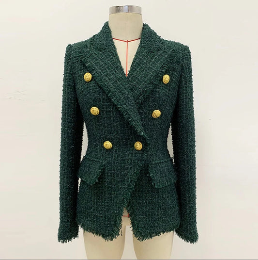 The Women's Dark Green Tassel Trim Golden Buttons Fitted Blazer Jacket is a must-have addition to your wardrobe. Its dark green hue lends an air of sophistication, making it a versatile choice for both office wear and formal events. The golden buttons and tassel trim add a touch of opulence and unique flair to this classic blazer.