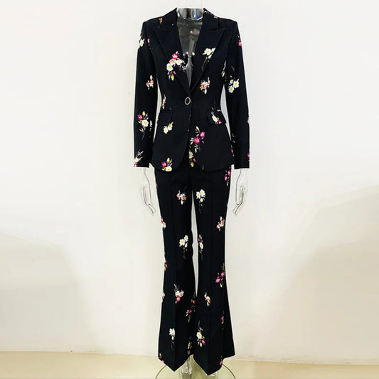 Black Floral Suit Fitted Blazer + Flare Trousers