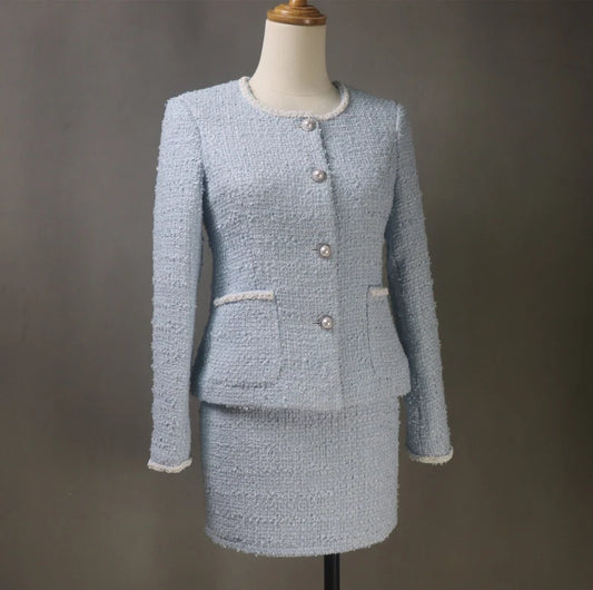 Tailor Made Bespoke Light Blue Suit Tweed Blazer + Skirt for Women
