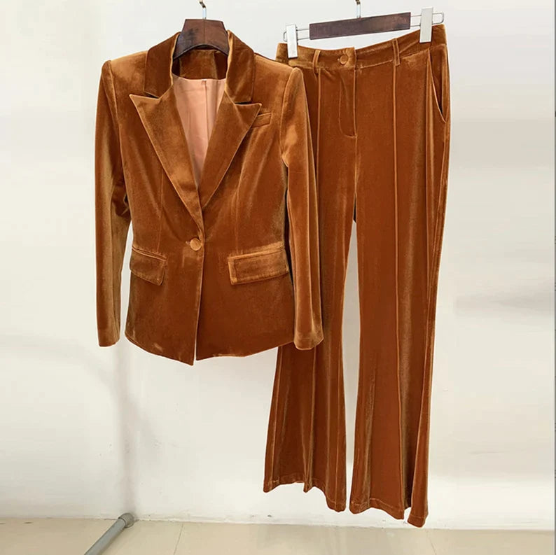 Women and Teens Orange Pink Blazer + Mid-High Rise Flare Trousers Pants Suit, Graduation, Speech Day, Birthday Party, This women's velvet suit is the epitome of sophistication and style, featuring a blazer and mid-high rise flare trousers in a captivating color combination of brown, green, and purple. The luxurious velvet fabric exudes elegance, making it a perfect choice for special occasions like weddings, graduations, speech days, and birthday parties.