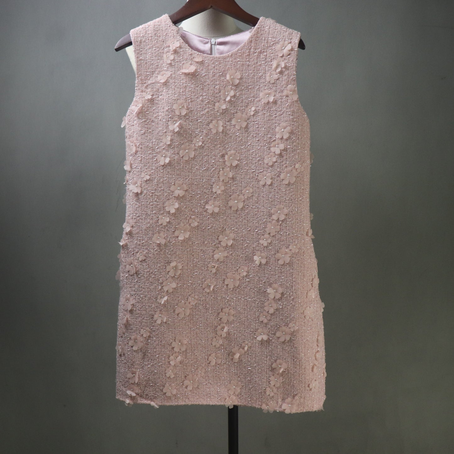Light Pink Tweed Dress with 3D Flower Embellishments – Custom Made Mini to Midi Dress, long sleeves, Plus Sizes
