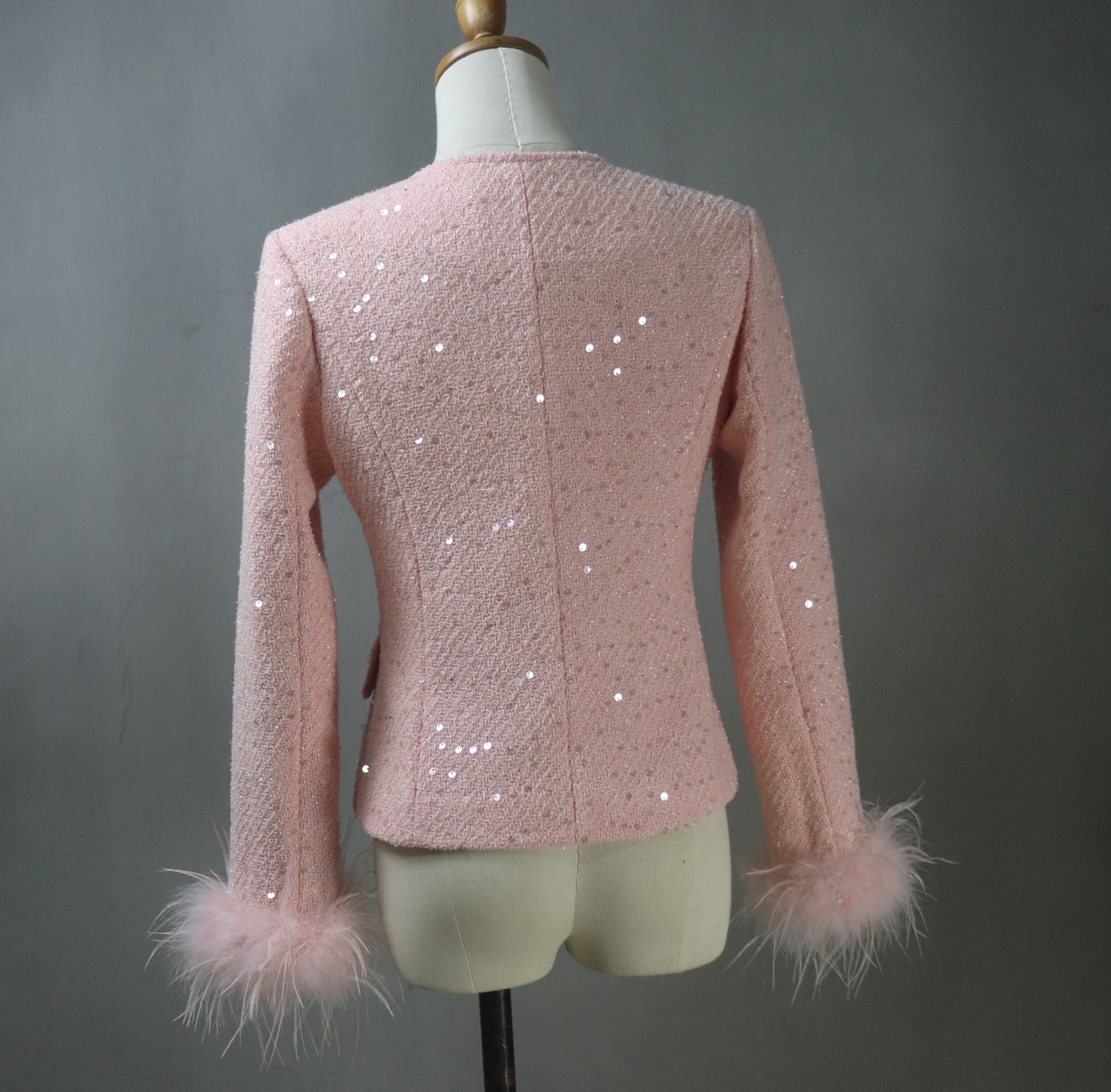 Women Pink Sequinned Jacket With Faux Fur Trim