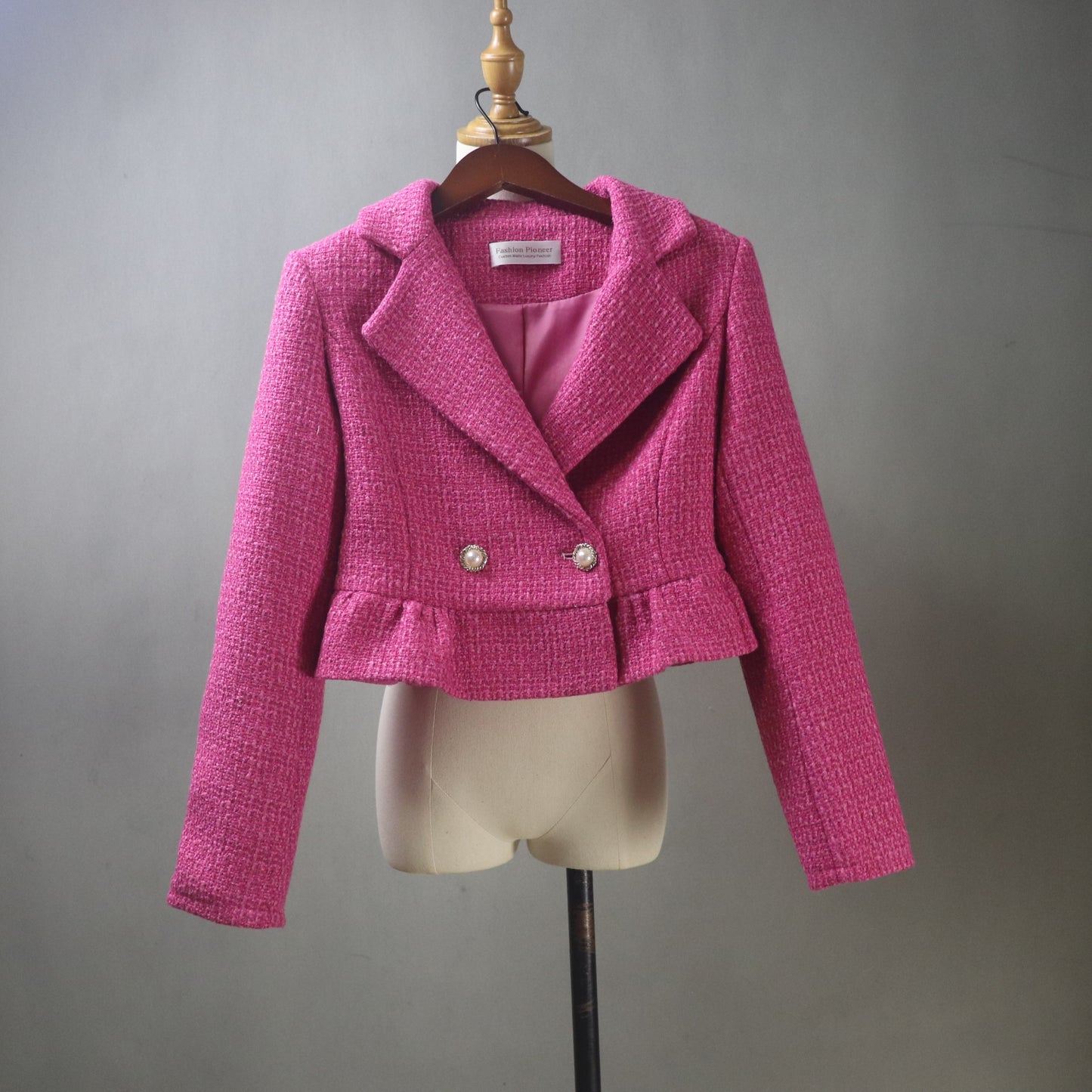 Bespoke Fuchsia Tweed Midi Skirt Suit with a Cropped Peplum Jacket
