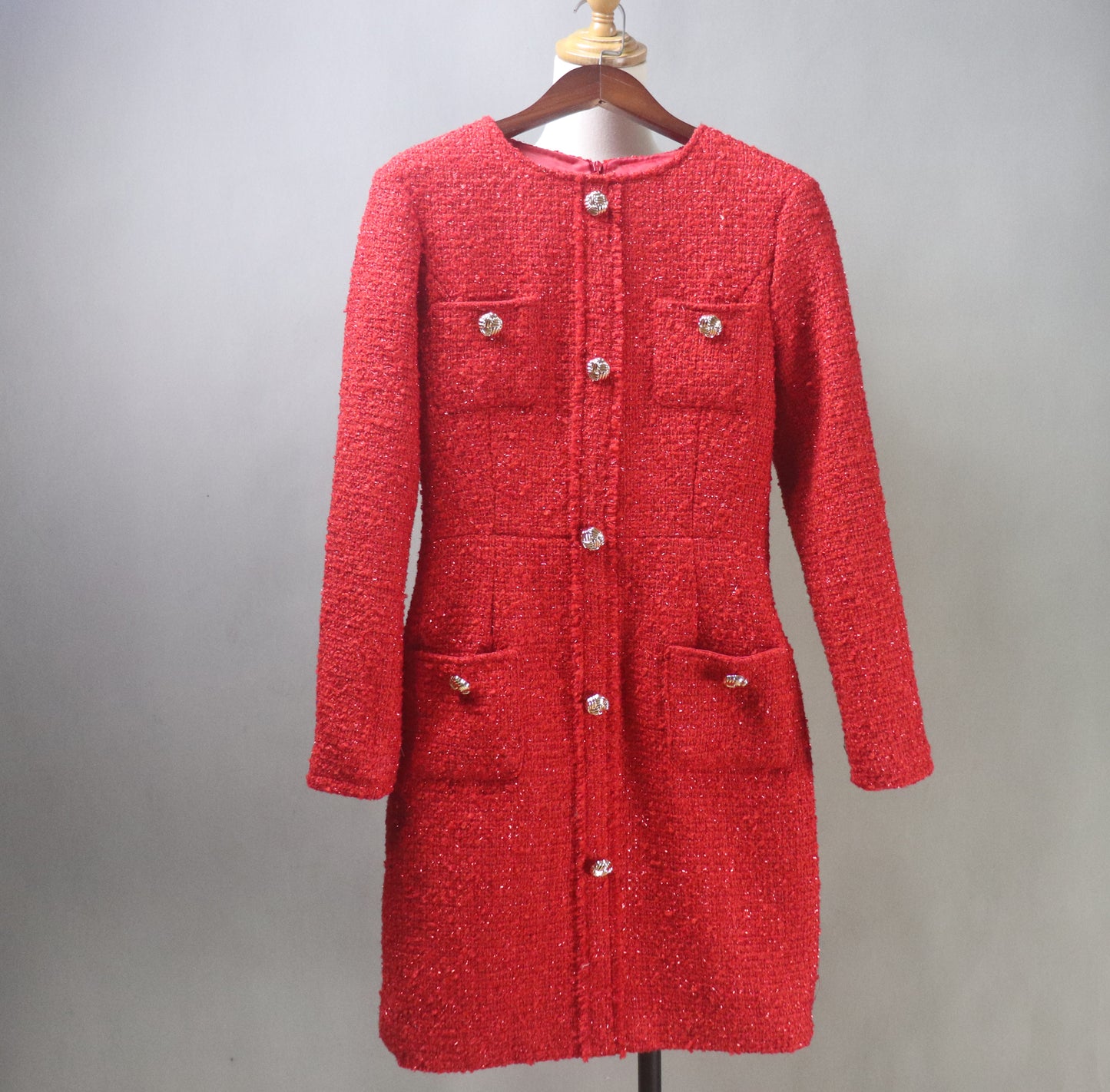 Red Tweed Long Sleeves Dress / Plus Size / Custom Length Options
