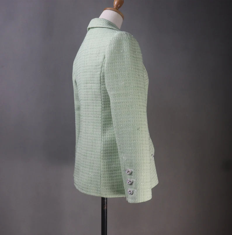 Tailor Stitch Mid-length light green fitted jacket made to order for women, complete with a dress, shorts, or skirt. For formal/office occasions like business meetings, graduations, weddings, evening dinners, and so forth, this light green tweed suit is always in style. Crop jacket designs make them fashionable and unboring.
