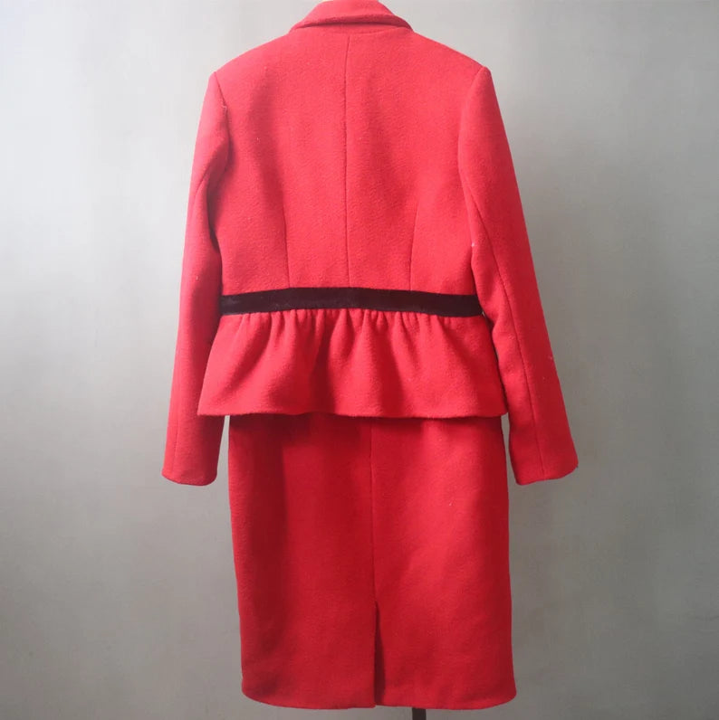 Women Custom Made Red Flare Tweed Jacket + Skirt / Trousers Pants, Shorts Suit/ Wedding Suit/ Graduation Ceremony / Speech Day, Formal Event
