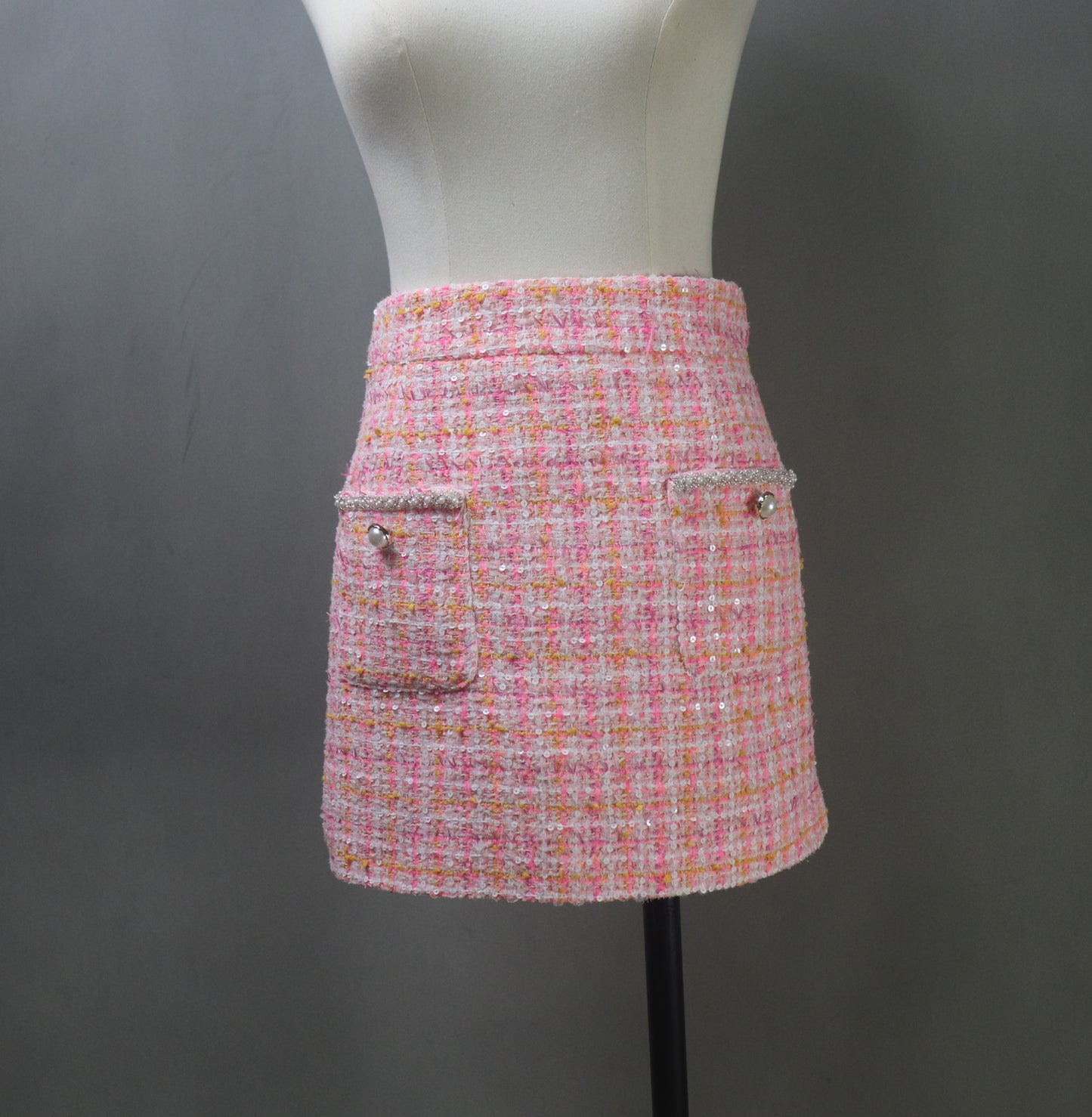 Pink Tweed Suit with Checked Pattern and Sequins
