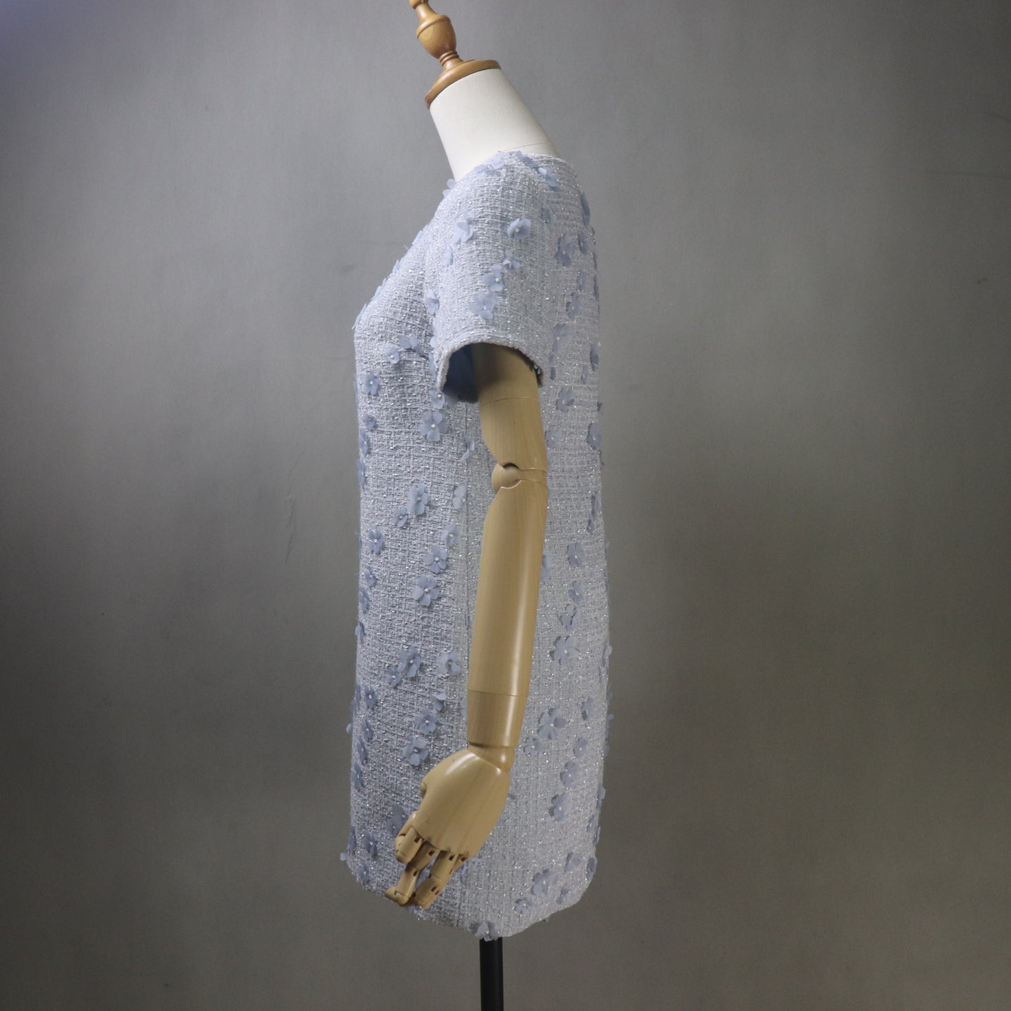 Light Blue and Pink Tweed Dress with 3D Flower Embellishments – Custom Made Mini to Midi Dress, long sleeves, Plus Sizes