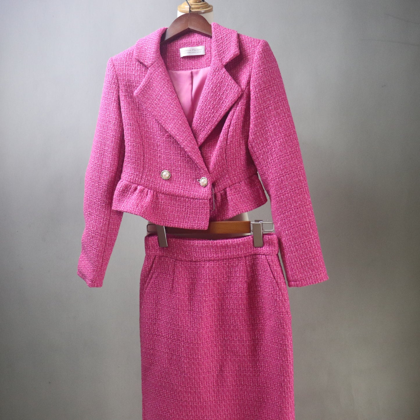 Bespoke Fuchsia Tweed Midi Skirt Suit with a Cropped Peplum Jacket