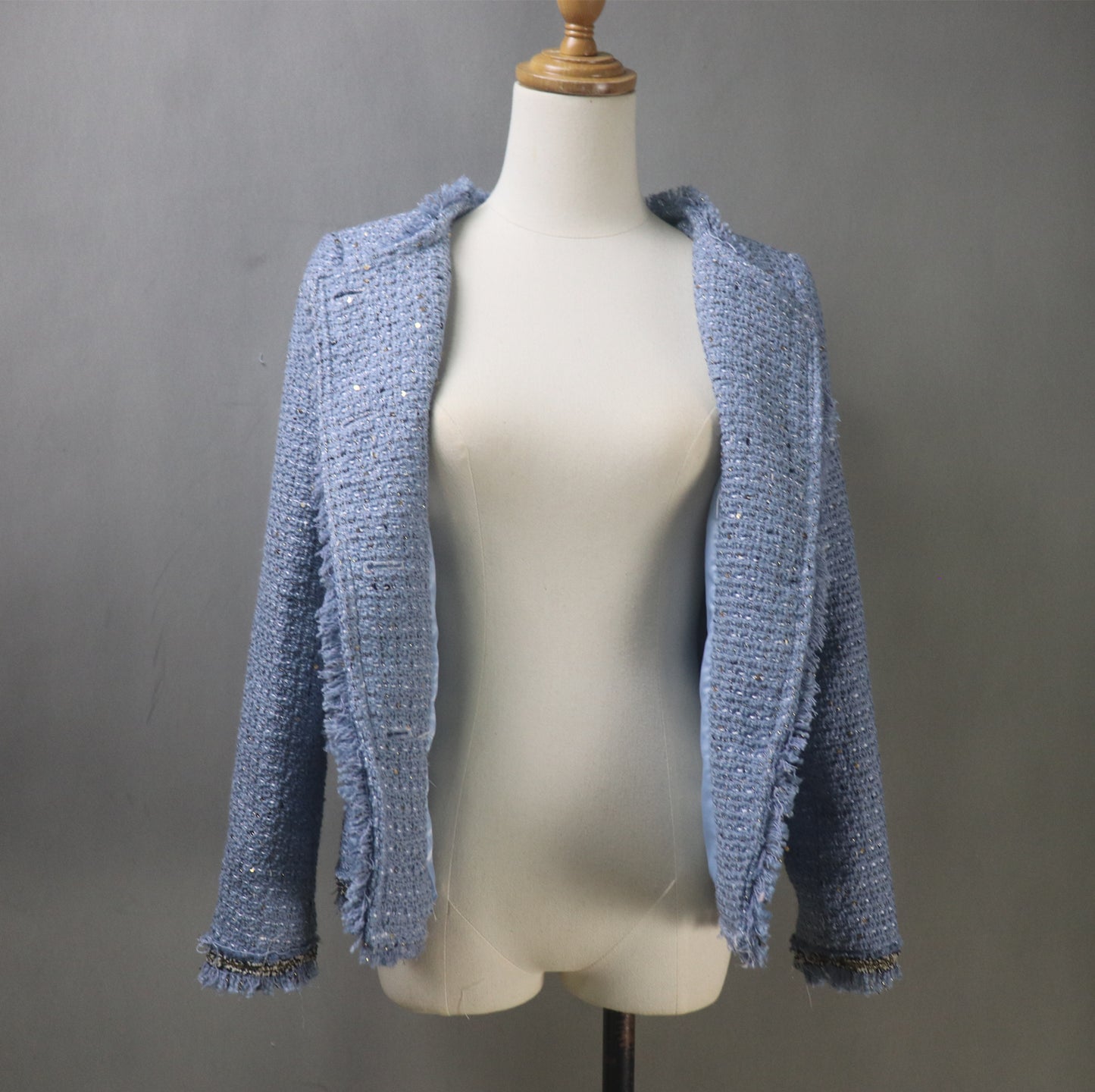 Women's Blue Tweed Sequinned Jacket with Pearls Button