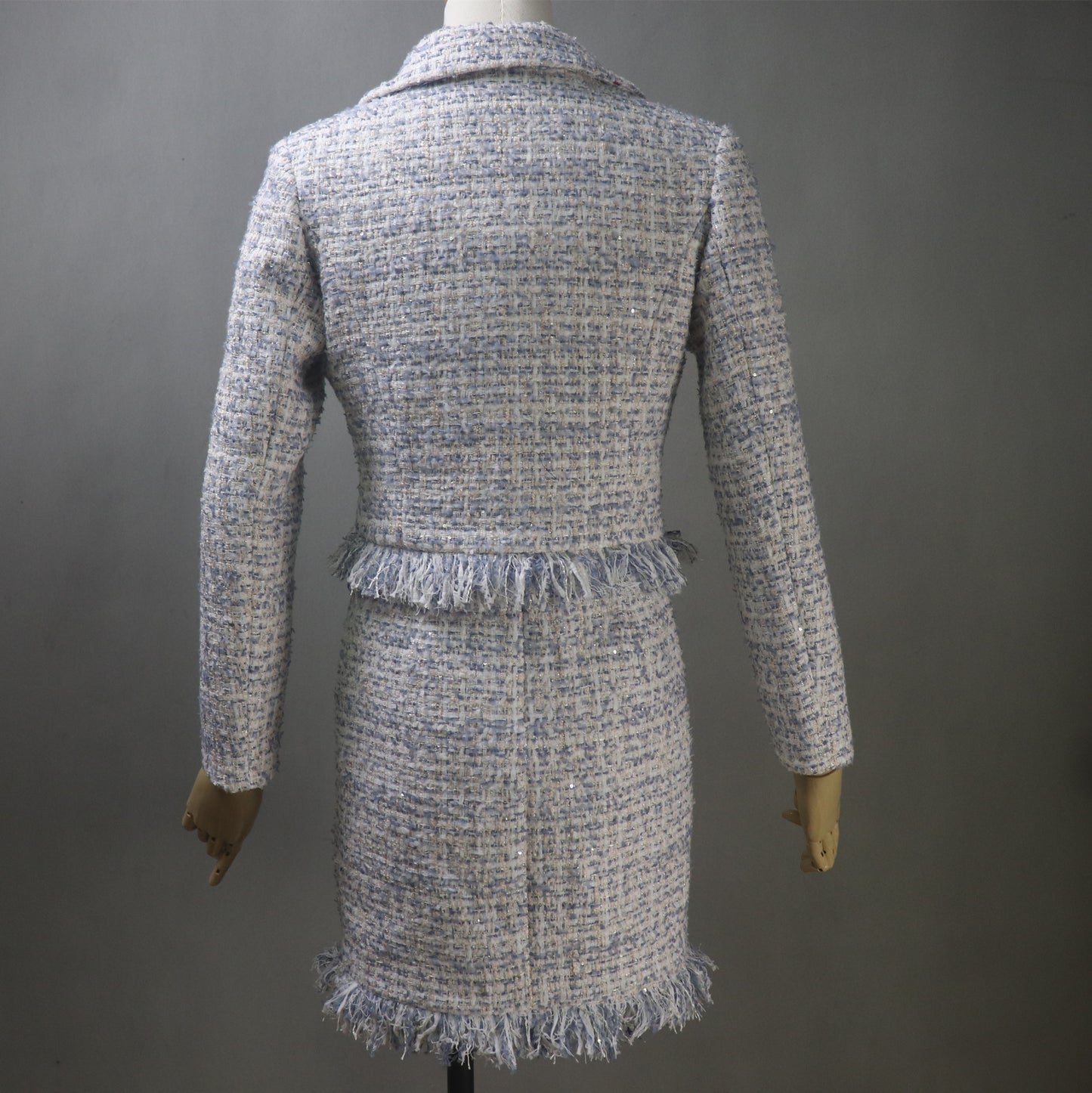Bespoke Tweed Light Blue Jacket Dress Suit with Tassel & Sequins