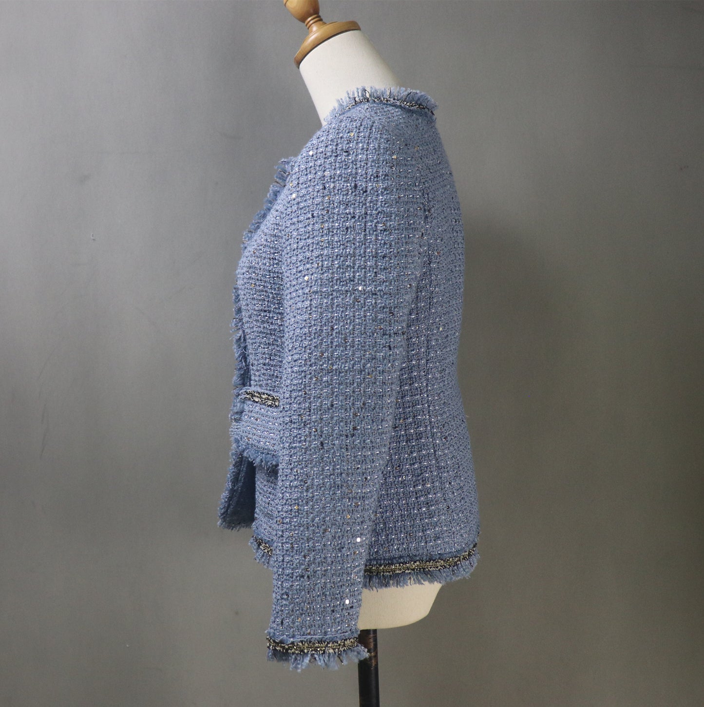 Women's Blue Tweed Sequinned Jacket with Pearls Button
