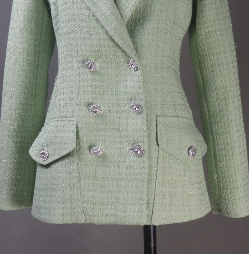 Tailor Stitch Mid-length light green fitted jacket made to order for women, complete with a dress, shorts, or skirt. For formal/office occasions like business meetings, graduations, weddings, evening dinners, and so forth, this light green tweed suit is always in style. Crop jacket designs make them fashionable and unboring.
