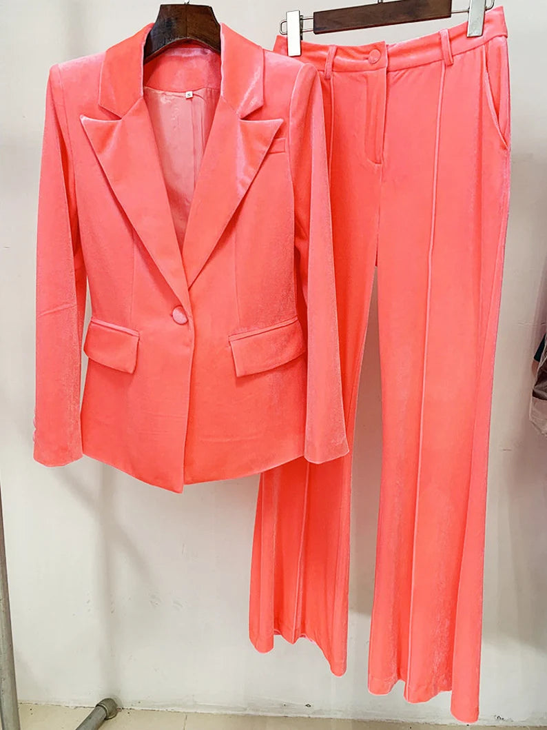 Women and Teens Orange Pink Blazer + Mid-High Rise Flare Trousers Pants Suit, Graduation, Speech Day, Birthday Party, This women's velvet suit is the epitome of sophistication and style, featuring a blazer and mid-high rise flare trousers in a captivating color combination of brown, green, and purple. The luxurious velvet fabric exudes elegance, making it a perfect choice for special occasions like weddings, graduations, speech days, and birthday parties.