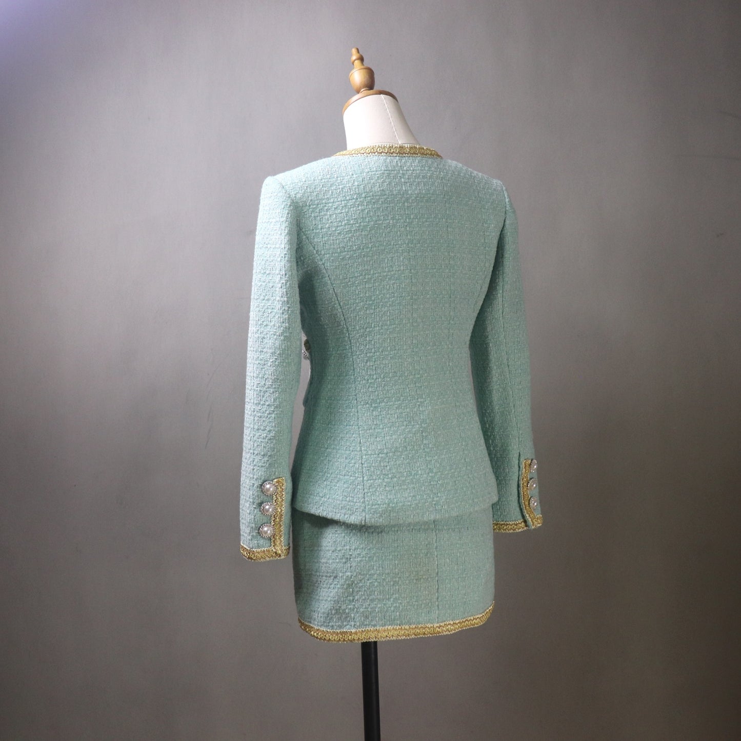 Custom Teal Tweed Fitted Blazer Skirt Set: Gold Trim, Plus Sizes, Any Length