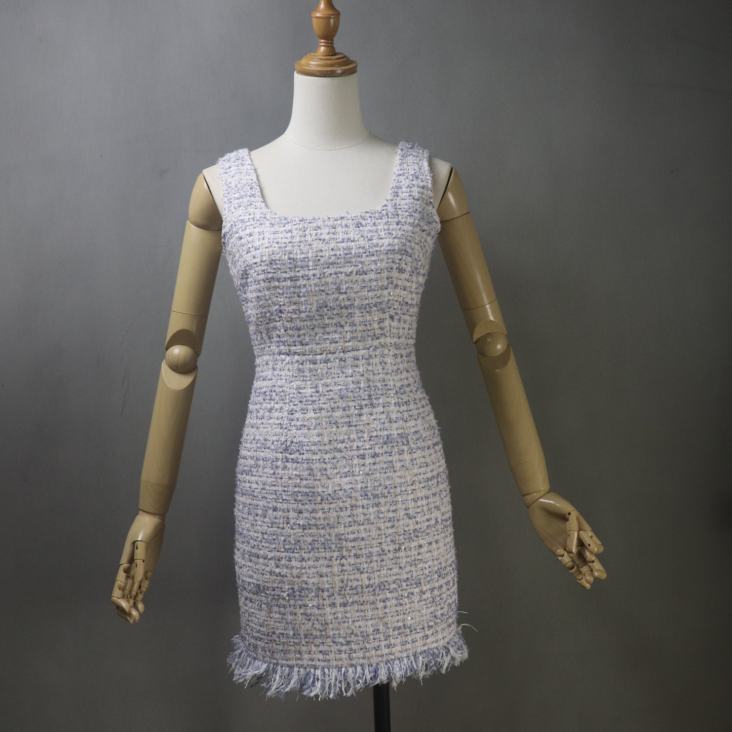 Bespoke Tweed Light Blue Jacket Dress Suit with Tassel & Sequins