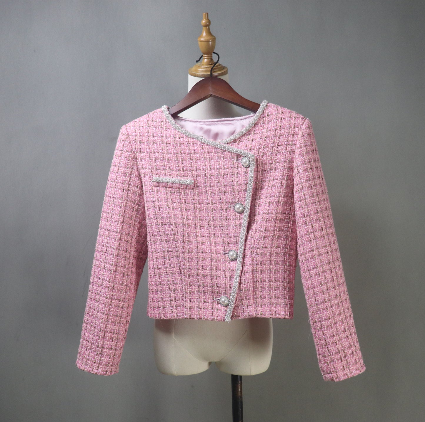 Bespoke Pink Tweed Skirt Suit with Pearls