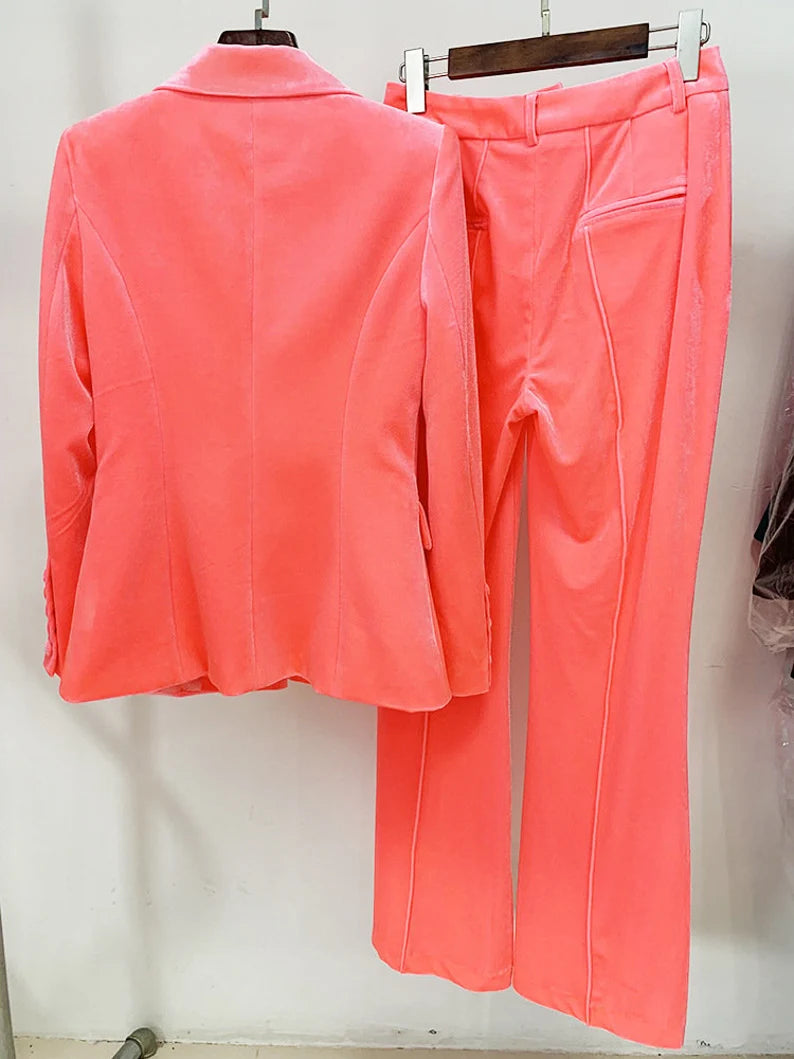 Women and Teens Orange Pink Blazer + Mid-High Rise Flare Trousers Pants Suit, Graduation, Speech Day, Birthday Party, This women's velvet suit is the epitome of sophistication and style, featuring a blazer and mid-high rise flare trousers in a captivating color combination of brown, green, and purple. The luxurious velvet fabric exudes elegance, making it a perfect choice for special occasions like weddings, graduations, speech days, and birthday parties.