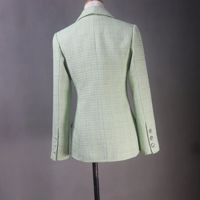 Tailor Stitch Mid-length light green fitted jacket made to order for women, complete with a dress, shorts, or skirt. For formal/office occasions like business meetings, graduations, weddings, evening dinners, and so forth, this light green tweed suit is always in style. Crop jacket designs make them fashionable and unboring.