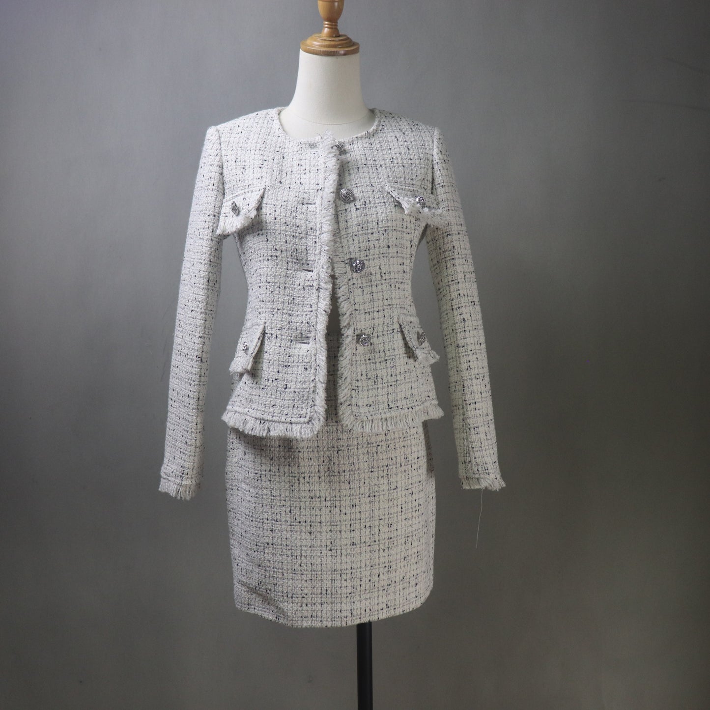 Bespoke Beige Tweed Skirt Suit with Fringe Trim
