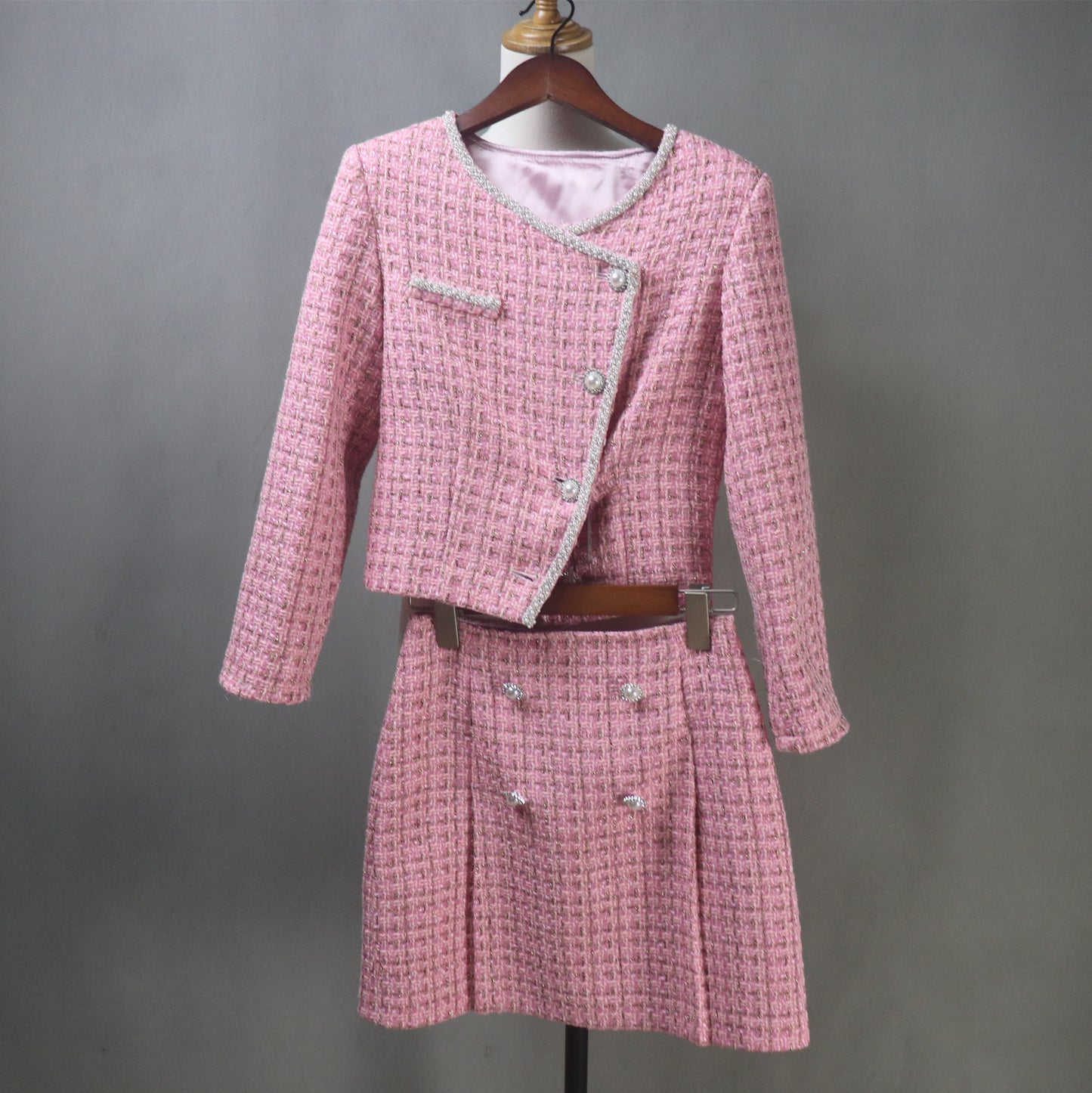 Bespoke Pink Tweed Skirt Suit with Pearls