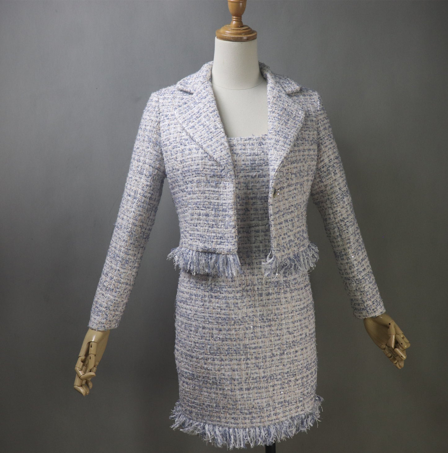 Bespoke Tweed Light Blue Jacket Dress Suit with Tassel & Sequins