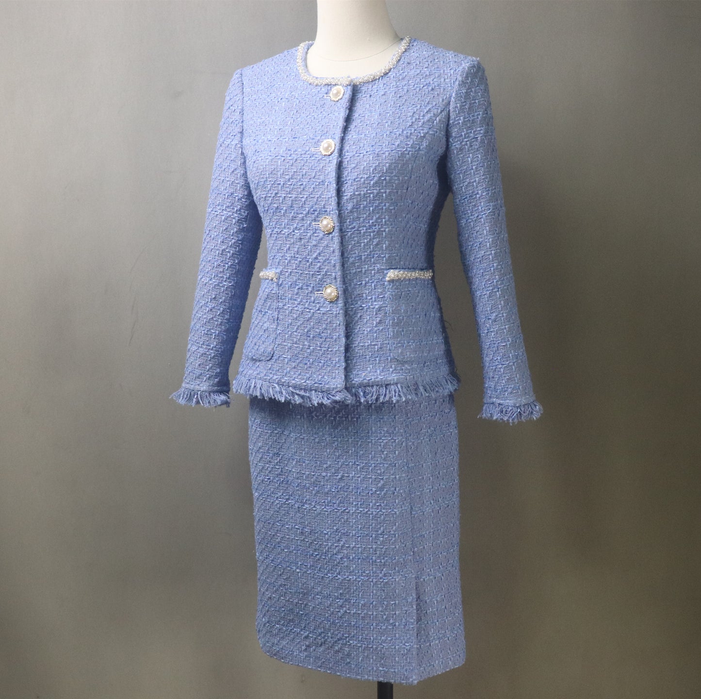 Blue Tweed Skirt Luxury Suit with Pearls