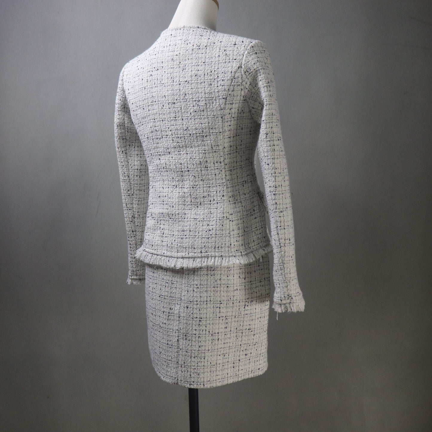 Bespoke Beige Tweed Skirt Suit with Fringe Trim