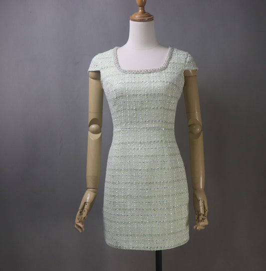Make a statement with this custom-made light green dress featuring an elegant pearl trim. Designed for weddings, formal events, office wear, and parties, this dress is tailored to plus & petite sizes, ensuring the perfect fit for every body type. Choose any skirt length to match your style—whether you prefer a classic knee-length, midi, or full-length gown.