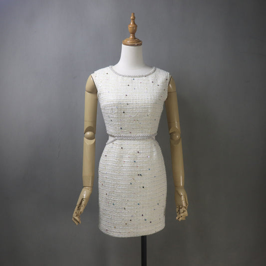 Step into elegance with this custom-made light beige dress, featuring a stunning pearl-trimmed neckline, multi-color sequin embellishments, and a chic cut-out waist. Designed for weddings, formal events, and parties, this dress offers a luxurious, tailored fit in both petite and plus sizes. Choose from mini, midi, or maxi skirt lengths to match your personal style!