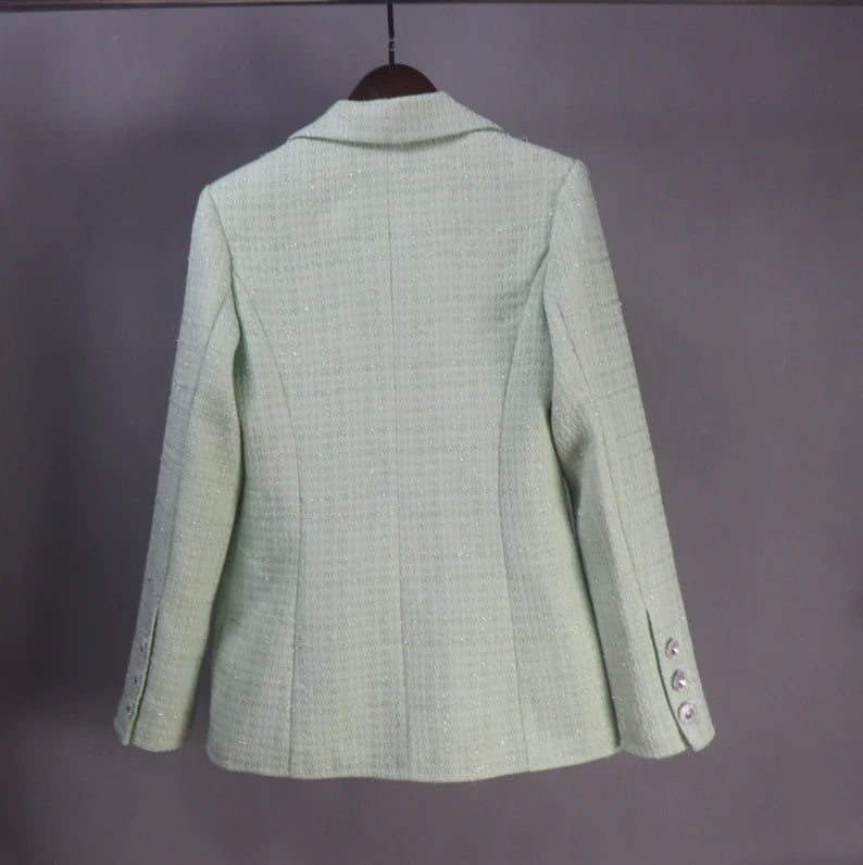Tailor Stitch Mid-length light green fitted jacket made to order for women, complete with a dress, shorts, or skirt. For formal/office occasions like business meetings, graduations, weddings, evening dinners, and so forth, this light green tweed suit is always in style. Crop jacket designs make them fashionable and unboring.