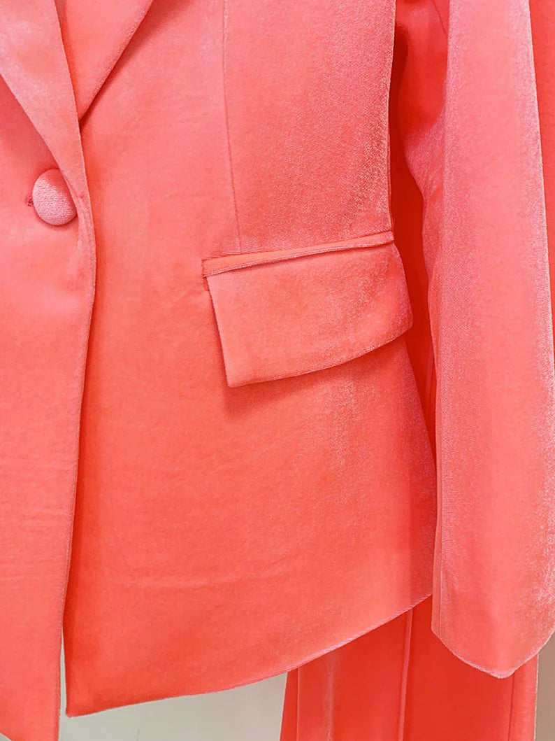 Women and Teens Orange Pink Blazer + Mid-High Rise Flare Trousers Pants Suit, Graduation, Speech Day, Birthday Party, This women's velvet suit is the epitome of sophistication and style, featuring a blazer and mid-high rise flare trousers in a captivating color combination of brown, green, and purple. The luxurious velvet fabric exudes elegance, making it a perfect choice for special occasions like weddings, graduations, speech days, and birthday parties.