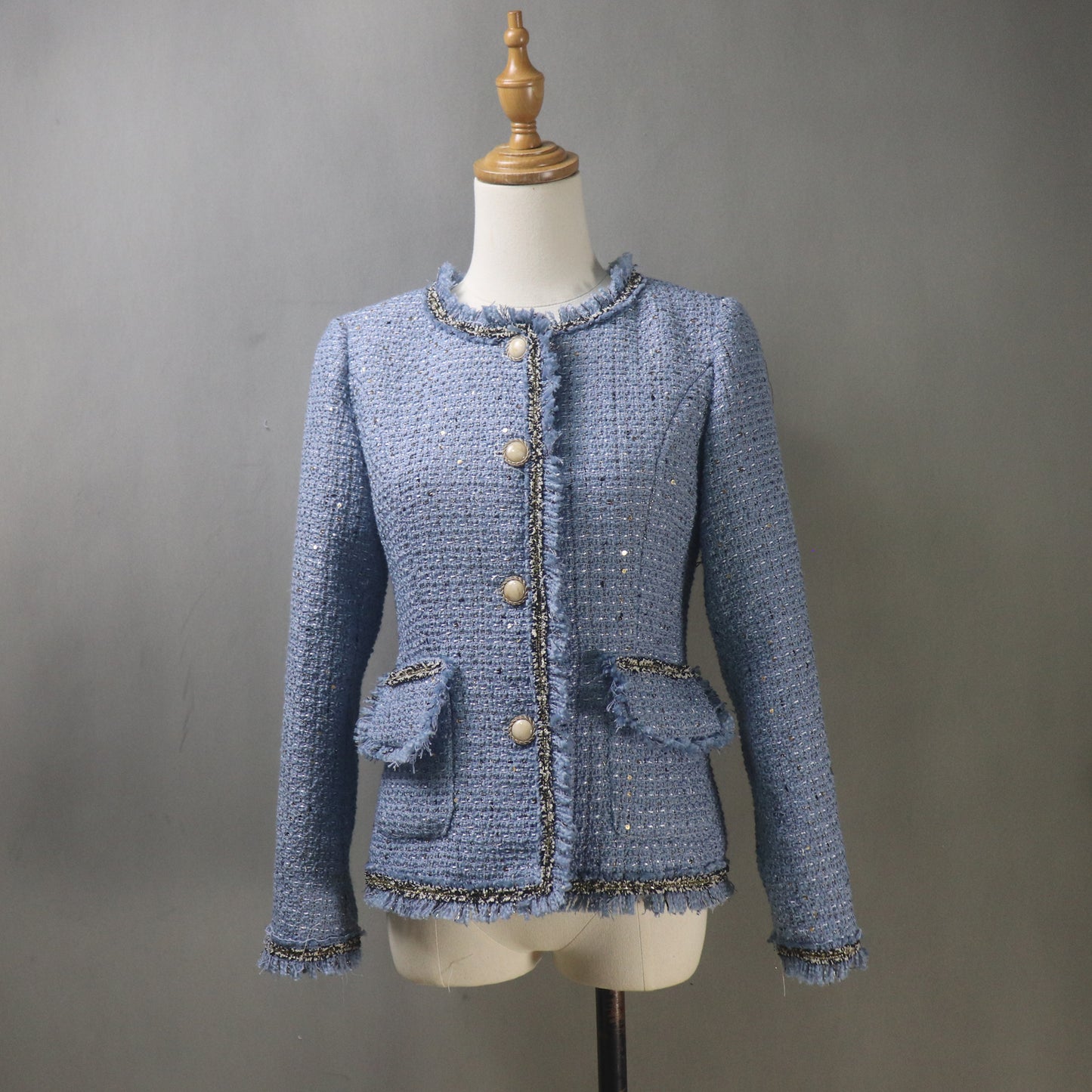Women's Blue Tweed Sequinned Jacket with Pearls Button