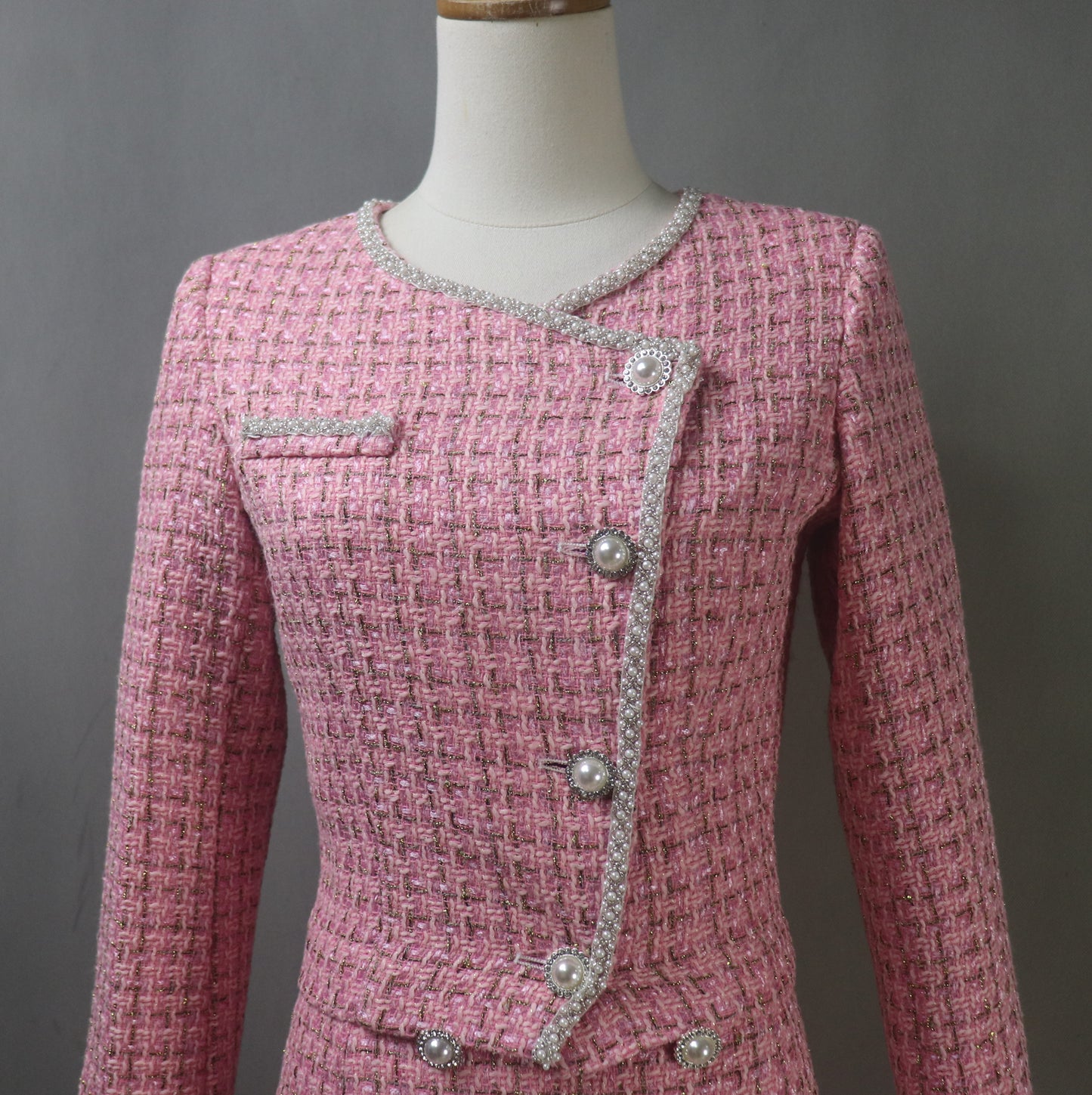 Bespoke Pink Tweed Skirt Suit with Pearls