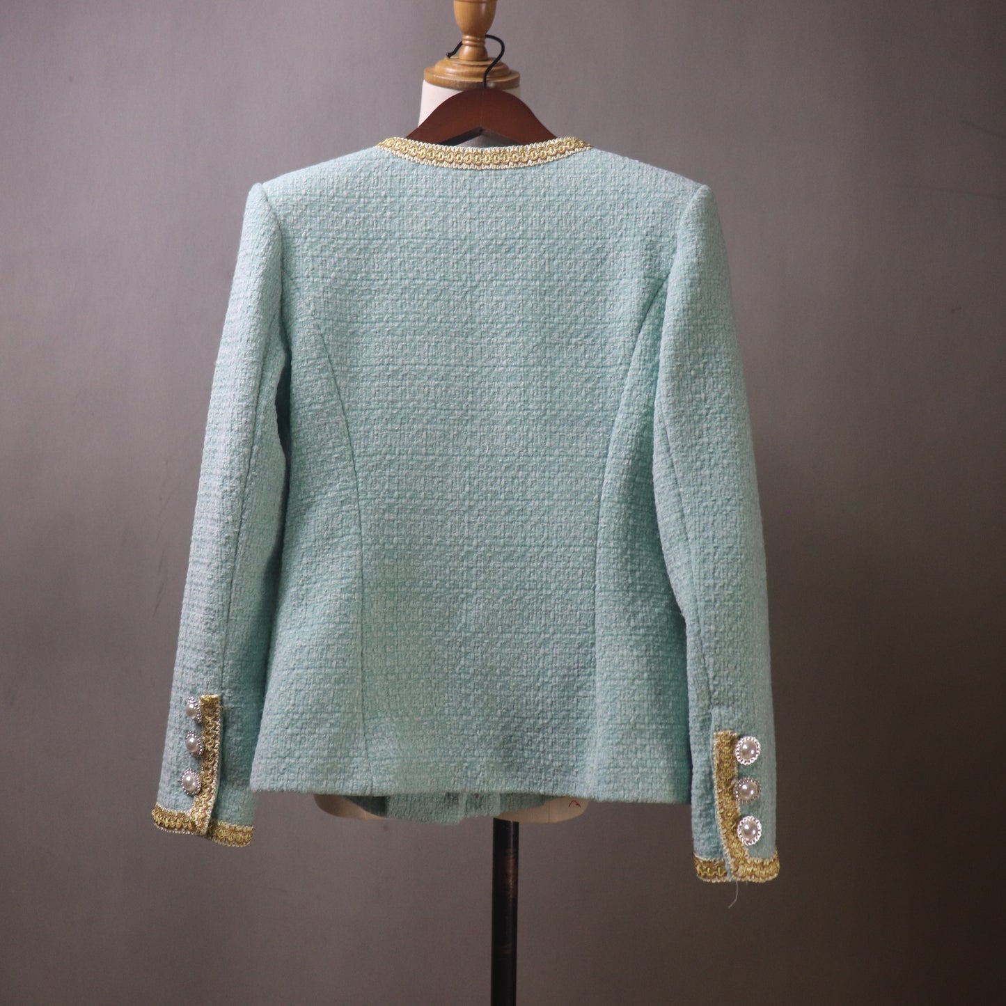 Custom Teal Tweed Fitted Blazer Skirt Set: Gold Trim, Plus Sizes, Any Length