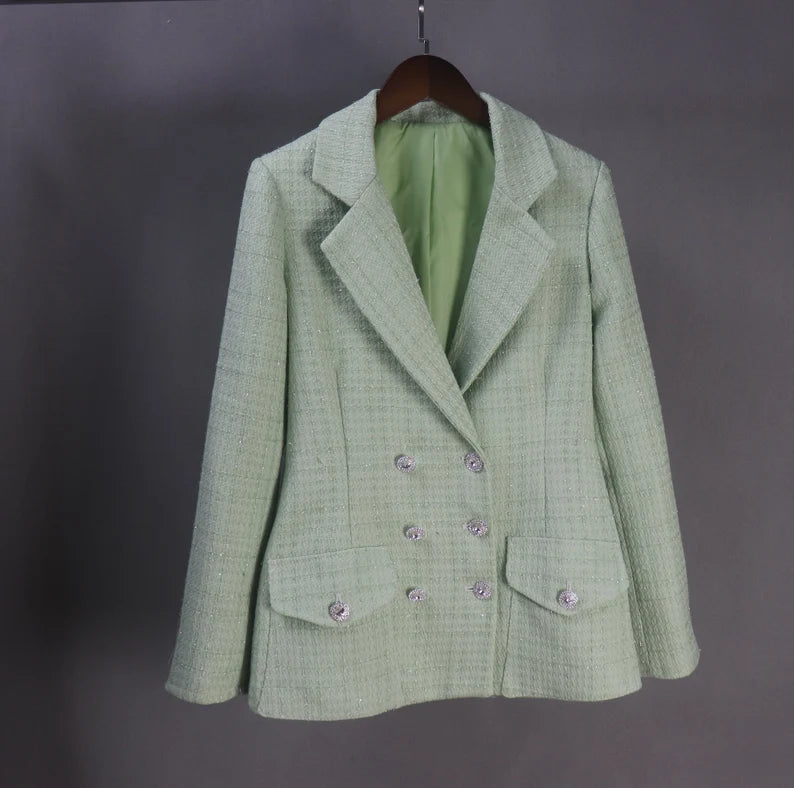 Tailor Stitch Mid-length light green fitted jacket made to order for women, complete with a dress, shorts, or skirt. For formal/office occasions like business meetings, graduations, weddings, evening dinners, and so forth, this light green tweed suit is always in style. Crop jacket designs make them fashionable and unboring.