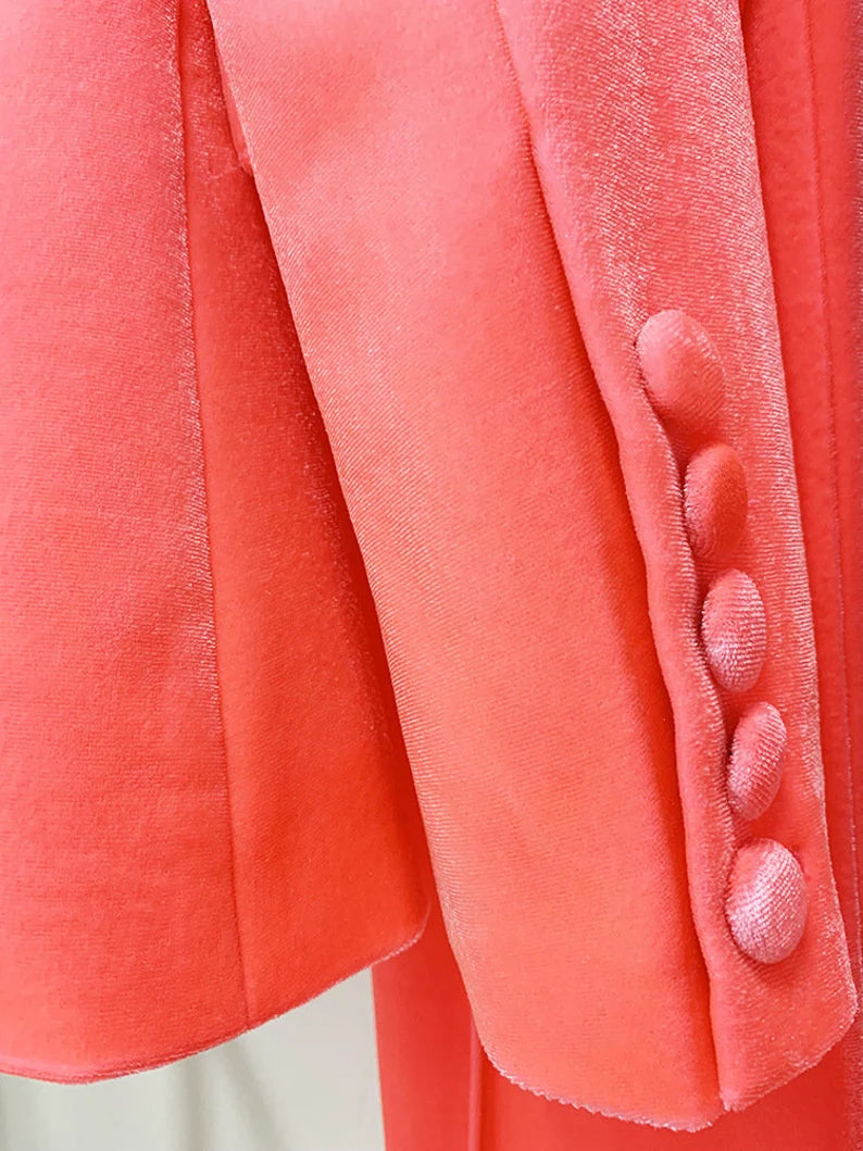 Women and Teens Orange Pink Blazer + Mid-High Rise Flare Trousers Pants Suit, Graduation, Speech Day, Birthday Party, This women's velvet suit is the epitome of sophistication and style, featuring a blazer and mid-high rise flare trousers in a captivating color combination of brown, green, and purple. The luxurious velvet fabric exudes elegance, making it a perfect choice for special occasions like weddings, graduations, speech days, and birthday parties.