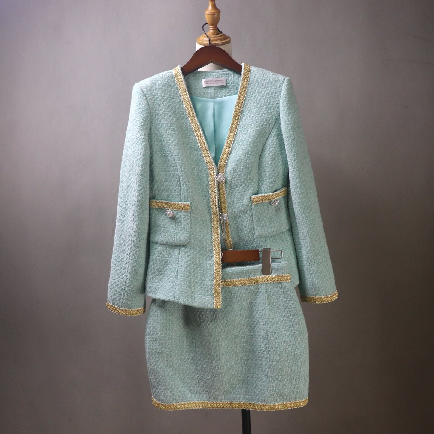 Custom Teal Tweed Fitted Blazer Skirt Set: Gold Trim, Plus Sizes, Any Length