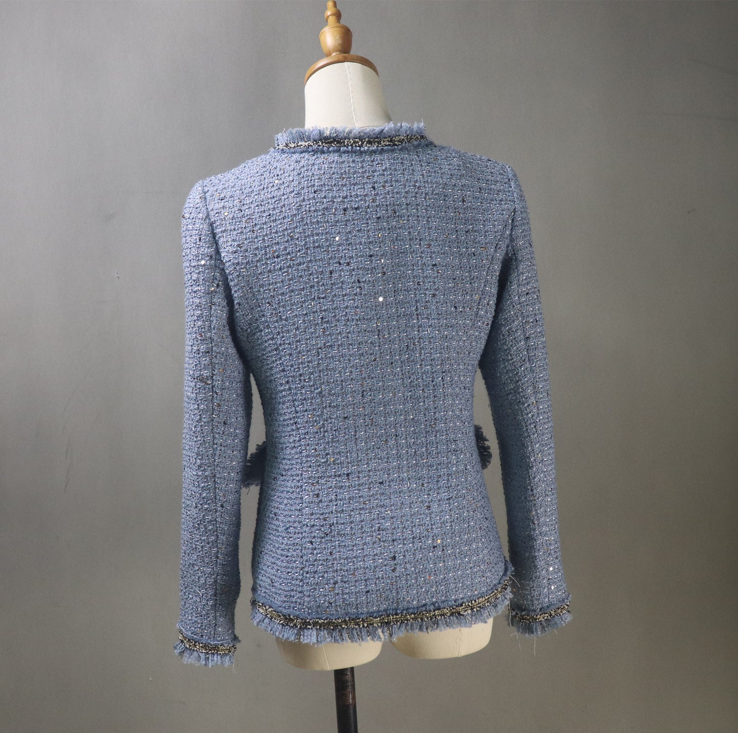 Women's Blue Tweed Sequinned Jacket with Pearls Button