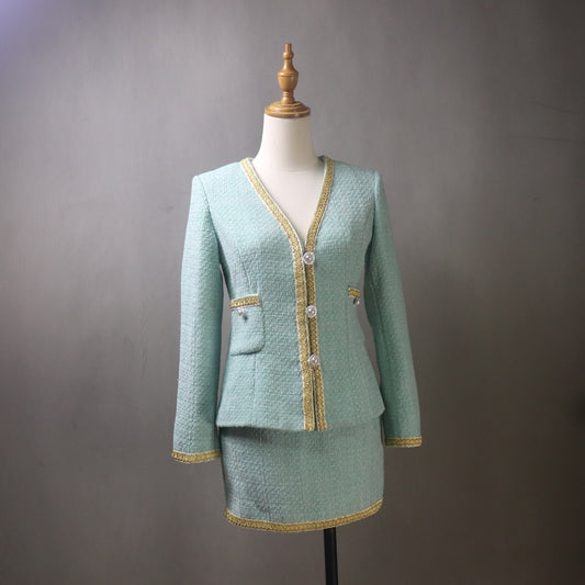 Custom Teal Tweed Fitted Blazer Skirt Set: Gold Trim, Plus Sizes, Any Length