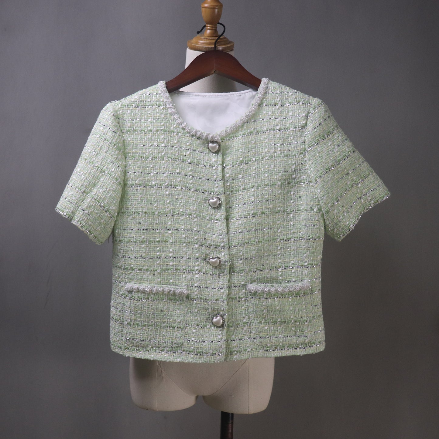 Crop tweed jacket with Short sleeves, pearl trim and heart shape buttons