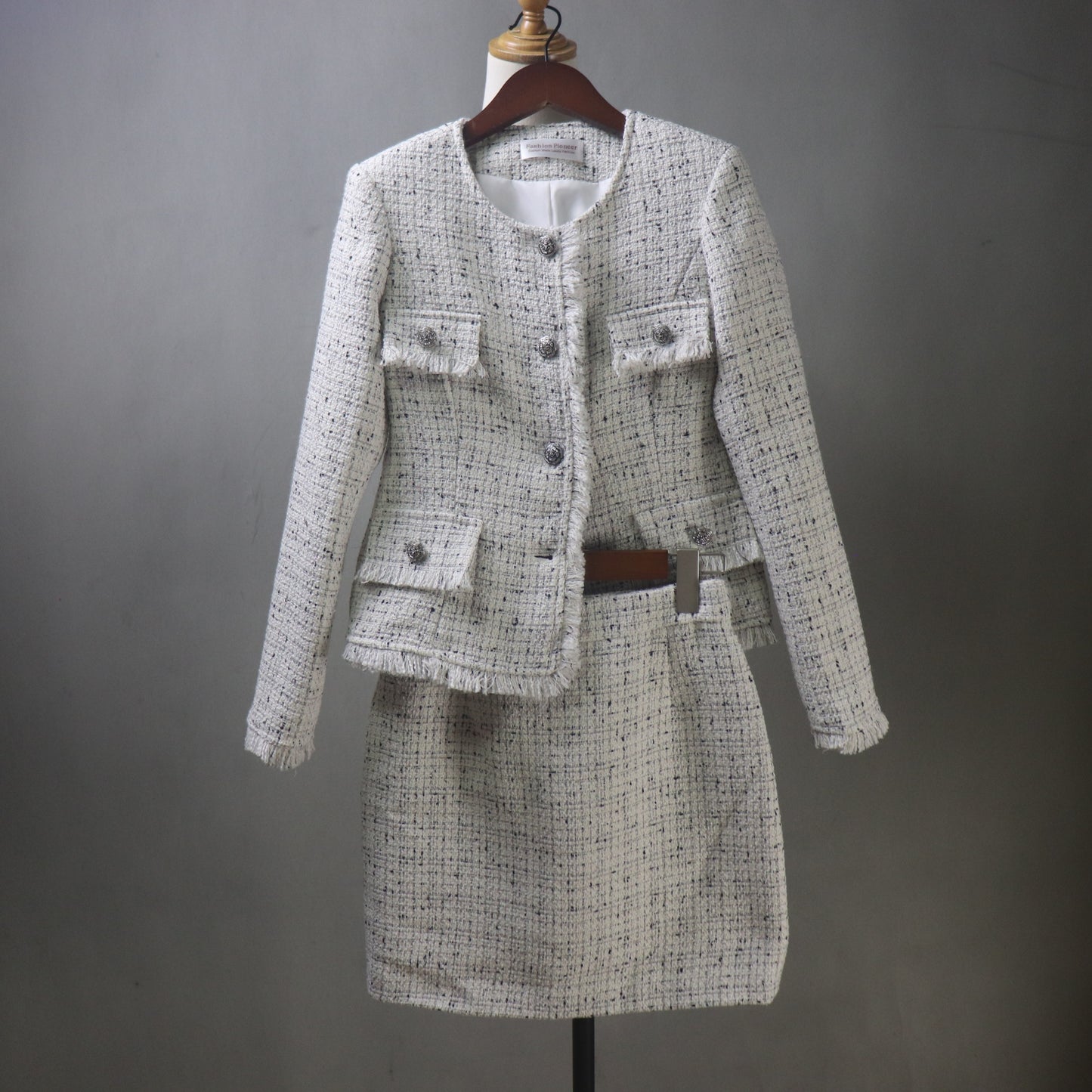 Bespoke Beige Tweed Skirt Suit with Fringe Trim